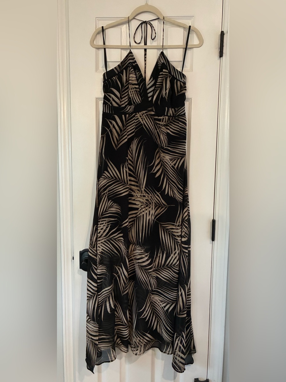 White House Black Market Black Maxi Dress with Beige Palm Print Size 6